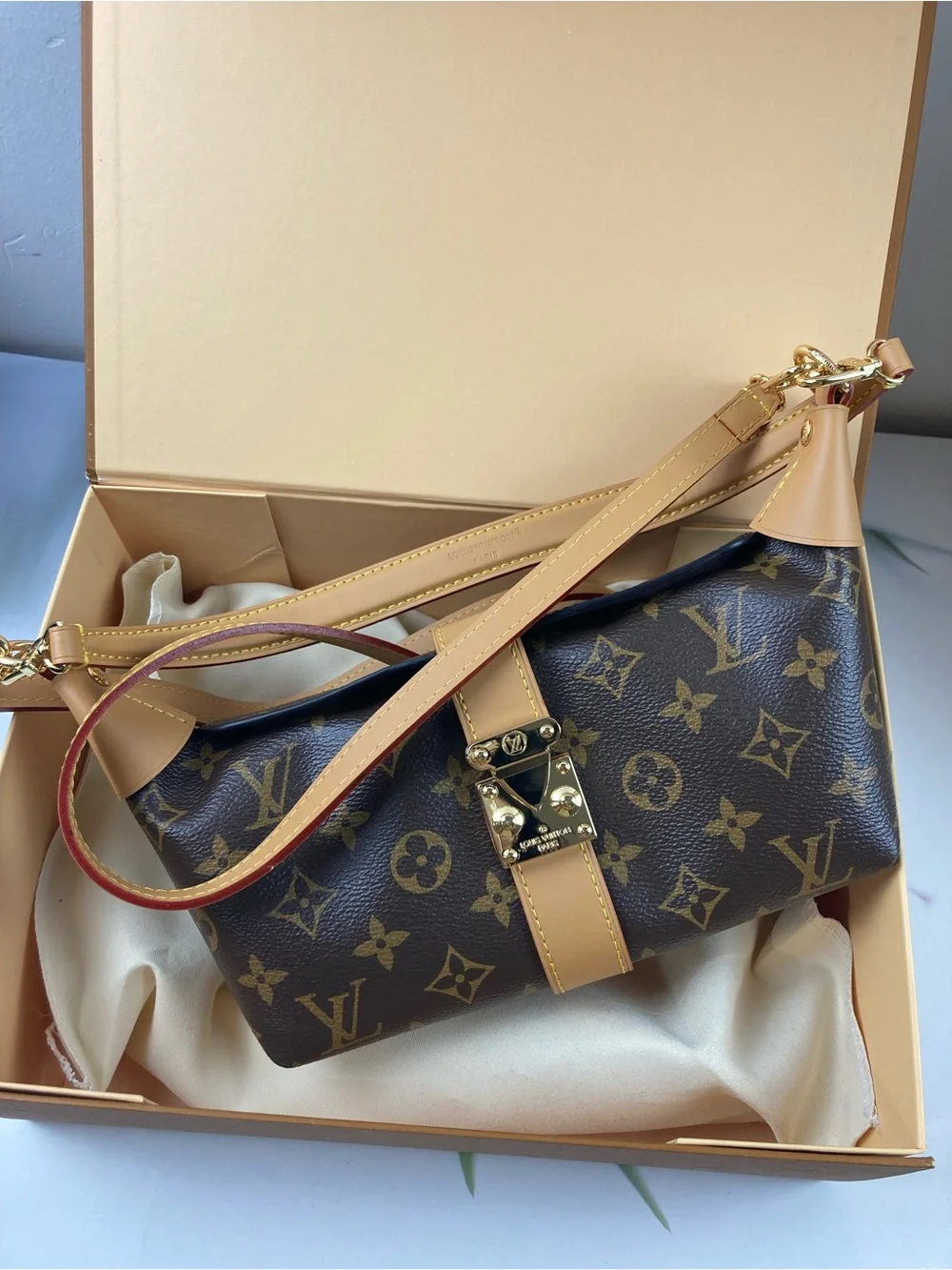 Monogram Canvas Shoulder Bag with Tan Trim and Gold Hardware